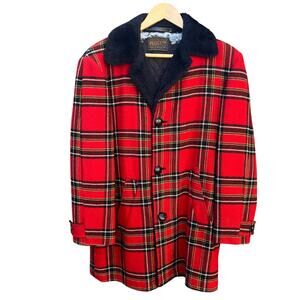 Vintage 50's-60's Pendleton Red Plaid Coat With Faux Fur Collar Large